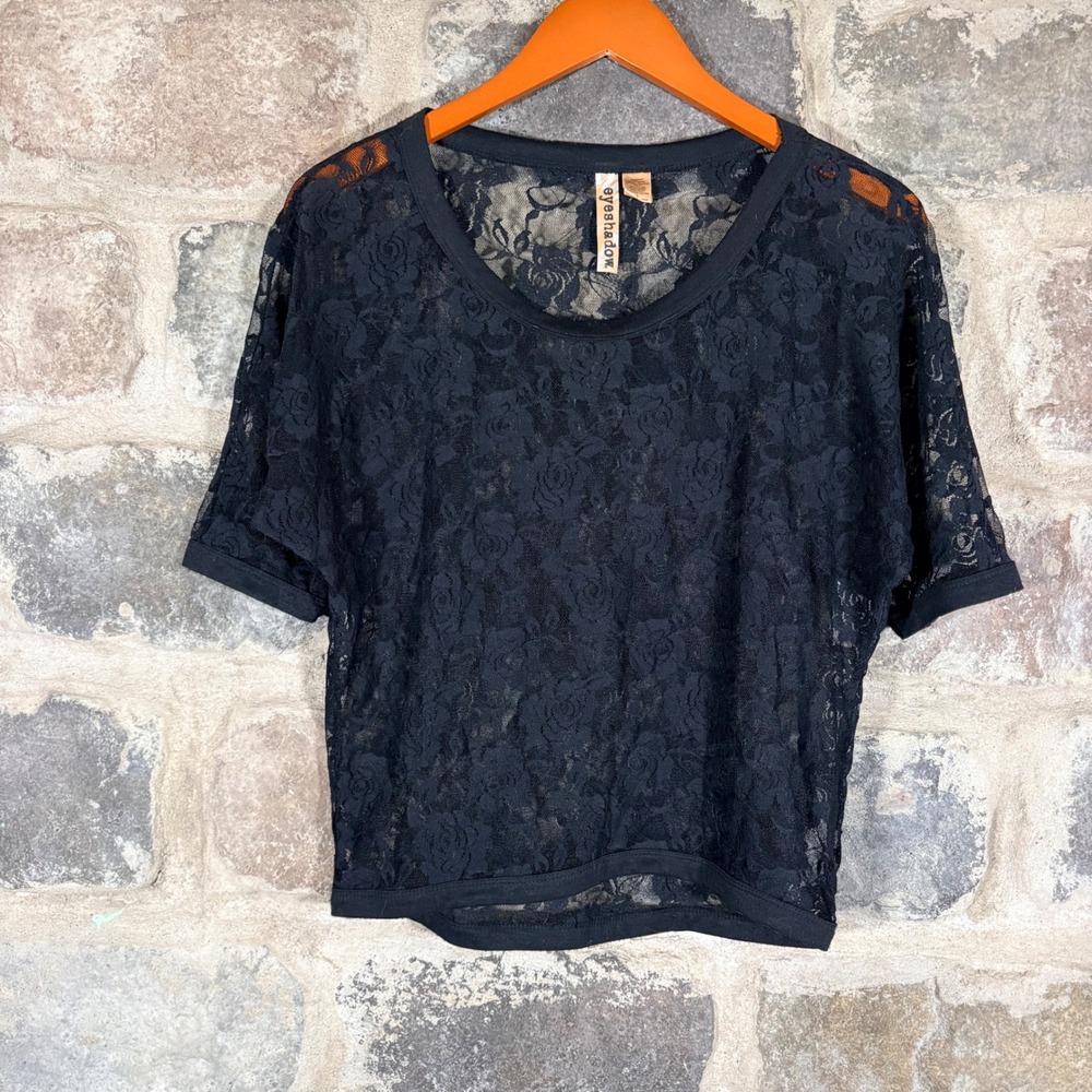 Eye Shadow Black Floral Lace Sheer Short Sleeve Top Size Small Coquette‎ Gothic